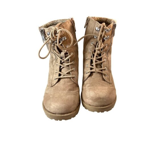 Sugor Girls Combat Boots Tie/Zip Tan Suede Look Size 3 - Picture 1 of 9